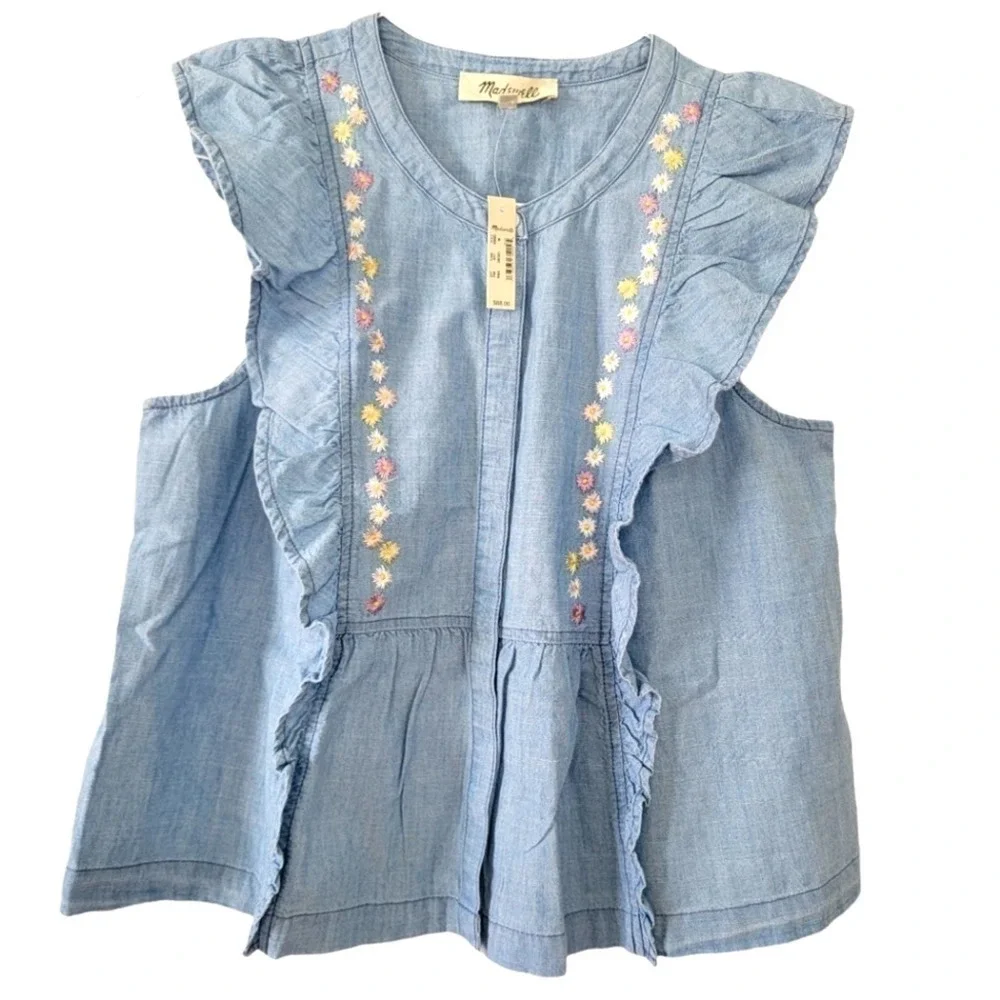 🛑 2 / $40 Sale! MADEWELL Floral Embroidered Denim Ruffle Top NWT - Picture 4 of 12
